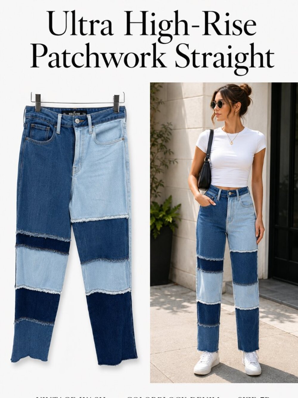 Hollister Ultra High Rise Patchwork Colorblock Straight Jeans 7R W28 Y2K